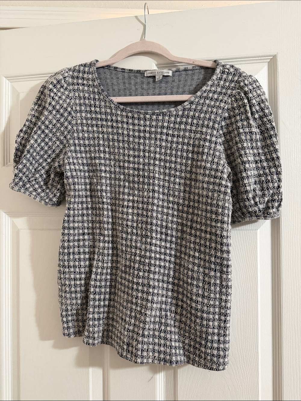 Casual Tweed Puff-Sleeve Top - Grey/White